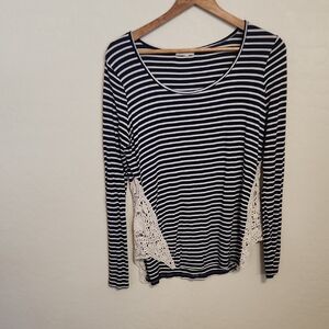Paper Tee Navy and White Striped Top with Crochet Accents